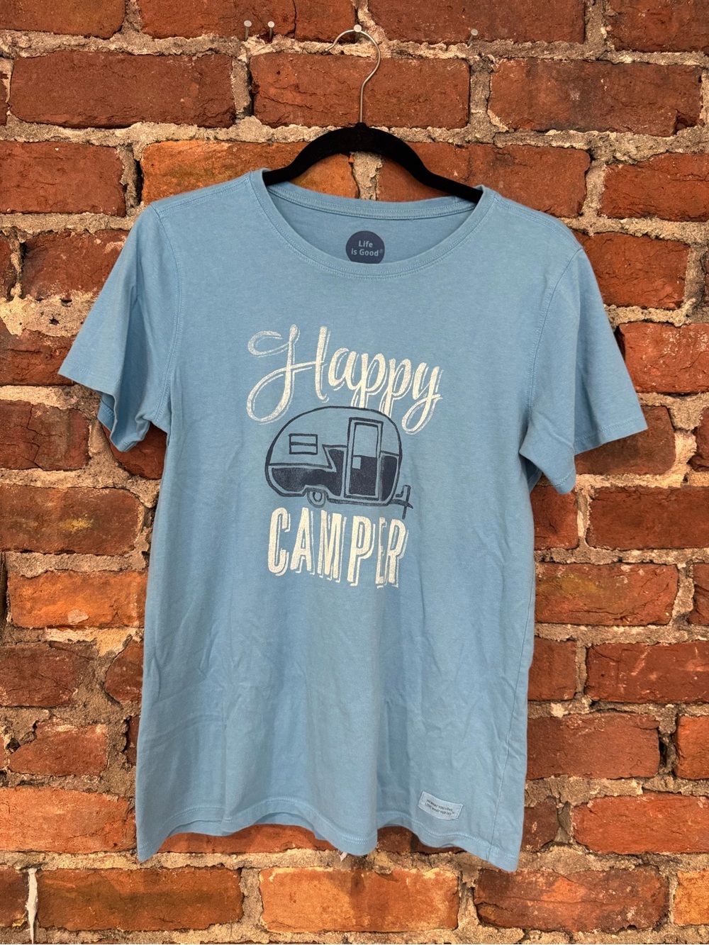 Life Is Good Women’s Light Blue “Happy Camper” Graphic T-Shirt (100% Cotton)